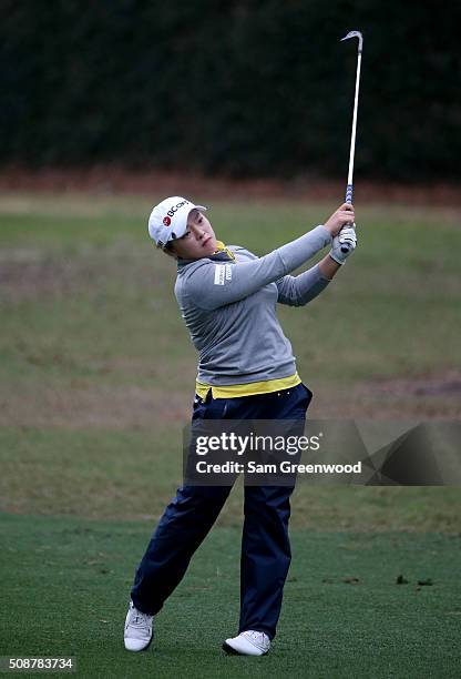 Ha Na Jang of South Korea plays a shot on the eighth hole during the final round of the Coates Golf Championship Presented By R+L Carriers at Golden...