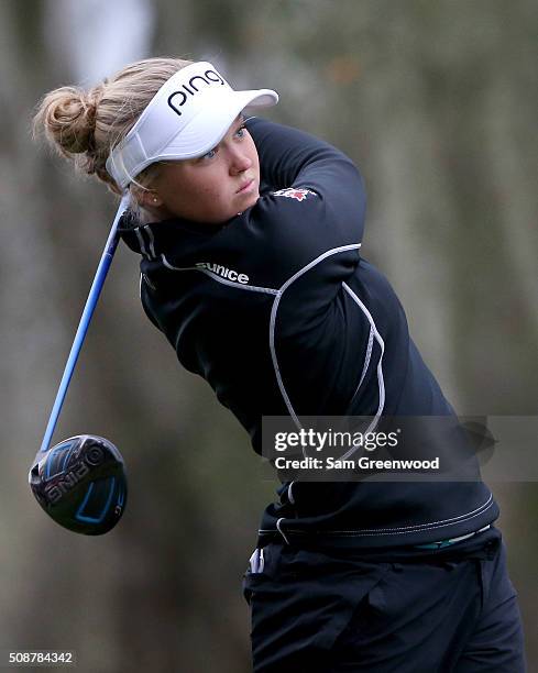 Brooke Henderson of Canada plays a shot on the seventh hole during the final round of the Coates Golf Championship Presented By R+L Carriers at...