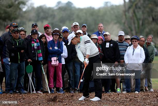 Lydia Ko of New Zealand plays a shot on the 9th hole during the final round of the Coates Golf Championship Presented By R+L Carriers at Golden Ocala...