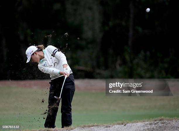 Lydia Ko of New Zealand plays a shot on the first hole during the final round of the Coates Golf Championship Presented By R+L Carriers at Golden...