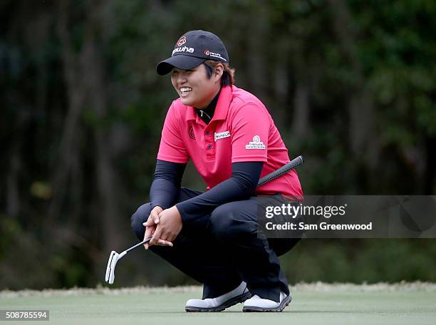 Haru Nomura of Japan smiles on the first hole during the final round of the Coates Golf Championship Presented By R+L Carriers at Golden Ocala Golf...