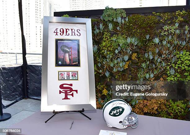 Football memorabilia and auction items on display during the 29th Annual Leigh Steinberg Super Bowl Party on February 6, 2016 in San Francisco,...