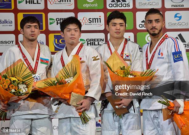 Under 60kg medallists Silver: Ilgar Mushkiyev of Azerbaijan, Gold: Toru Shishime of Japan, Bronzes: Won Jin Kim of South Korea and Walide Khyar of...