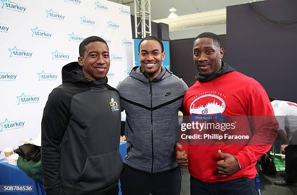 Charles Wilson, Dwayne Irvin and Pierre Singfield attend the Starkey Hearing Foundation hearing mission during Super Bowl weekend 2016 at San...