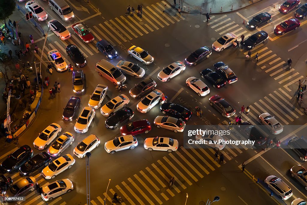 Traffic jam at road intersection in Shanghai.