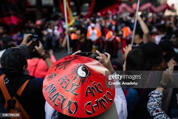 Woman with a hat who says "Happy New Year" is seen during the celebrations of the Chinese New Year in Mexico City on February 6, 2016 ahead of the...