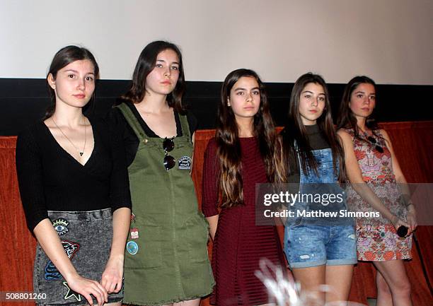 Actresses Elit Iúsücan, Doga Zeynep Doguslu, Tugba Sunguroglu, Günes Sensoy, and Ilayda Akdogan attend a screening of "Mustang" at the Metro 3 at the...