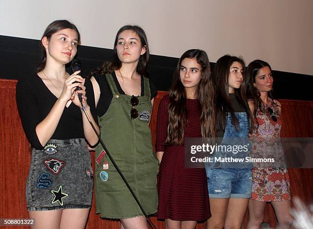 Actresses Elit Iúsücan, Doga Zeynep Doguslu, Tugba Sunguroglu, Günes Sensoy, and Ilayda Akdogan attend a screening of "Mustang" at the Metro 3 at the...