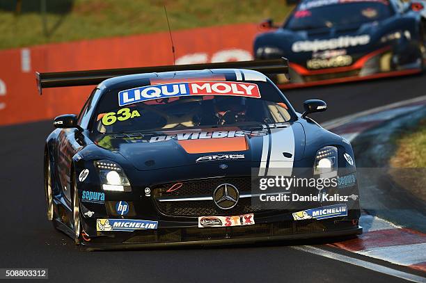 Maro Engel drives the Erebus Motorsport Mercedes-Benz SLS AMG GT3 during the Bathurst 12 Hour Race at Mount Panorama on February 7, 2016 in Bathurst,...