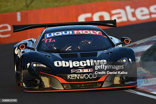 Warren Luff drives the Objective Racing McLaren 650S during the Bathurst 12 Hour Race at Mount Panorama on February 7, 2016 in Bathurst, Australia.