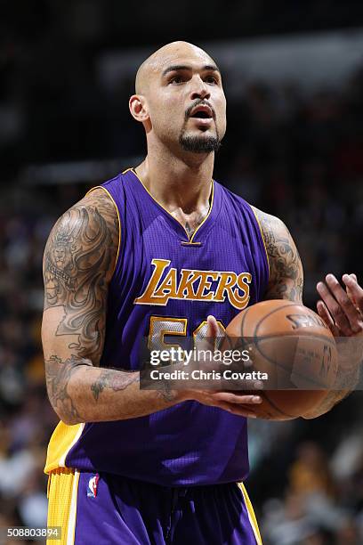 Robert Sacre of the Los Angeles Lakers prepares to shoot against the San Antonio Spurs during the game on February 6, 2016 at AT&T Center in San...