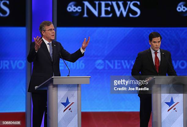Republican presidential candidates Jeb Bush and Sen. Marco Rubio participate in the Republican presidential debate at St. Anselm College February 6,...