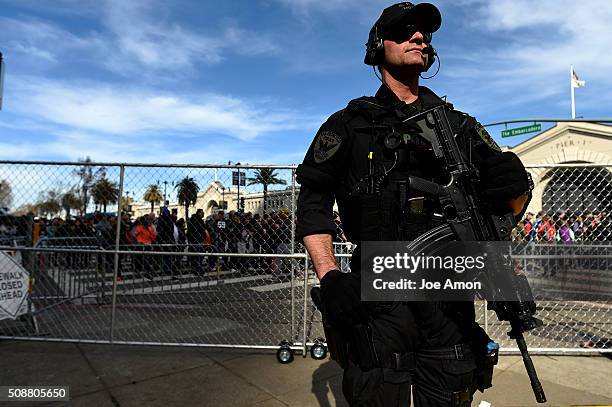 Jeff Mchale SF SWAT watching over the crowd at the Denver Broncos fan rally in Super Bowl City downtown San Francisco, CA. February 06, 2016