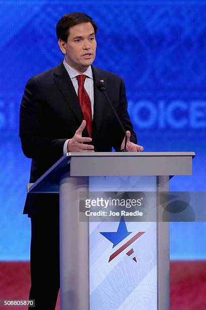 Republican presidential candidate Sen. Marco Rubio participates in the Republican presidential debate at St. Anselm College February 6, 2016 in...