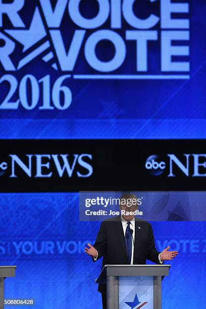 Republican presidential candidate Donald Trump participates in the Republican presidential debate at St. Anselm College February 6, 2016 in...