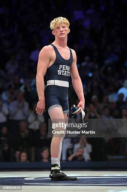 Bo Nickal of the Penn State Nittany Lions during a match against the Ohio State Buckeyes on February 5, 2016 at Recreation Hall on the campus of Penn...