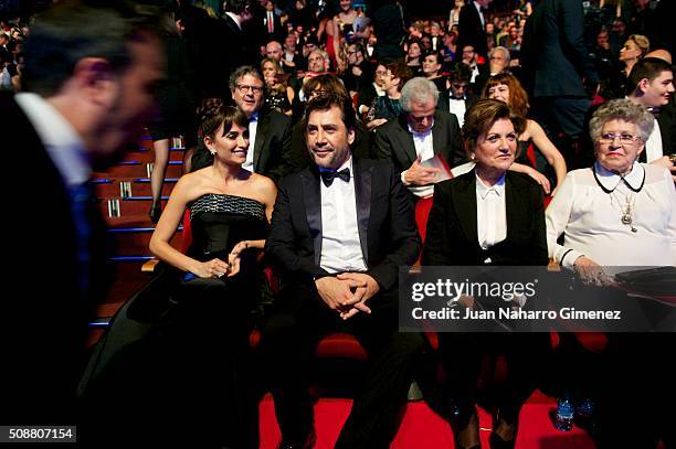 Penelope Cruz, Javier Bardem and Pilar Bardem attend the 30th edition of the 'Goya Cinema Awards' ceremony at Madrid Marriott Auditorium on February...