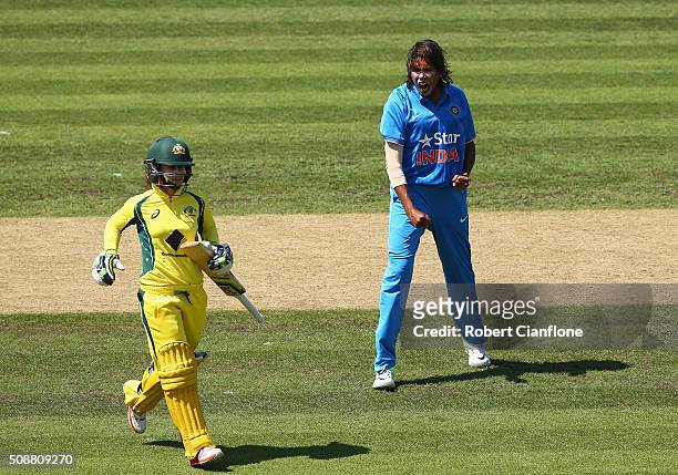 Jhulan Goswami of India celebrates after taking the wicket of Nicole Bolton of Australia during game three of the one day international series...