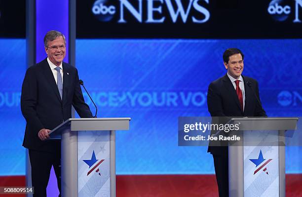 Republican presidential candidates Jeb Bush and Sen. Marco Rubio participate in the Republican presidential debate at St. Anselm College February 6,...