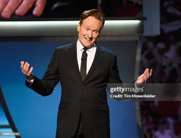 Host Conan O'Brien speaks onstage during the 5th Annual NFL Honors at Bill Graham Civic Auditorium on February 6, 2016 in San Francisco, California.