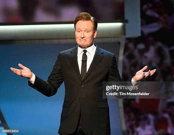 Host Conan O'Brien speaks onstage during the 5th Annual NFL Honors at Bill Graham Civic Auditorium on February 6, 2016 in San Francisco, California.