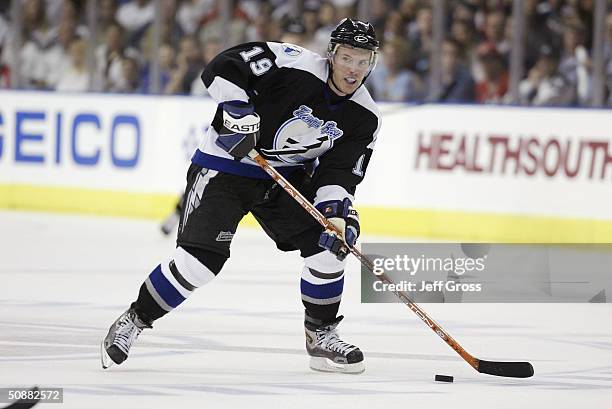 Brad Richards of the Tampa Bay Lightning looks to make a play during game two of the first round of the 2004 Stanley Cup Playoffs against the New...