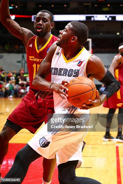 James Ennis of the Iowa Energy drives along the baseline against Sir'Dominic Pointer of the Canton Charge in an NBA D-League game on February 6, 2016...