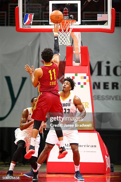 Quinn Cook of the Canton Charge shots over Alex Stepheson of the Iowa Energy in an NBA D-League game on February 6, 2016 at the Wells Fargo Arena in...