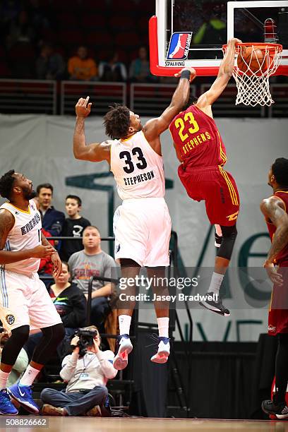 Stephens of the Canton Charge dunks against Alex Stepheson of the Iowa Energy in an NBA D-League game on February 6, 2016 at the Wells Fargo Arena in...