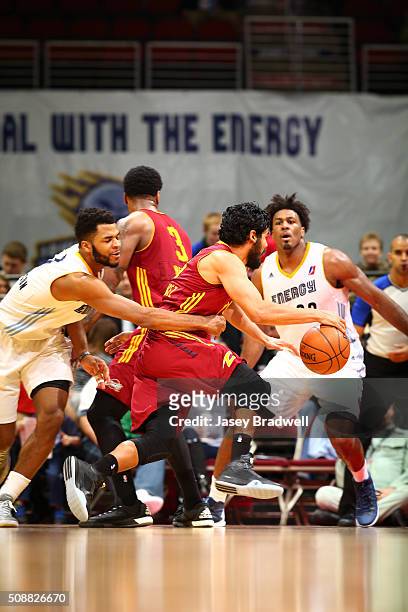 Jorge Gutierrez of the Canton Charge drives around Andrew Harrison of the Iowa Energy in an NBA D-League game on February 6, 2016 at the Wells Fargo...