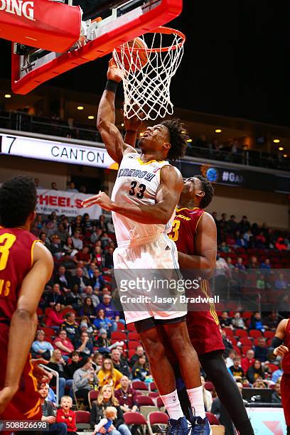 Alex Stepheson of the Iowa Energy goes for a layup against the Canton Charge in an NBA D-League game on February 6, 2016 at the Wells Fargo Arena in...