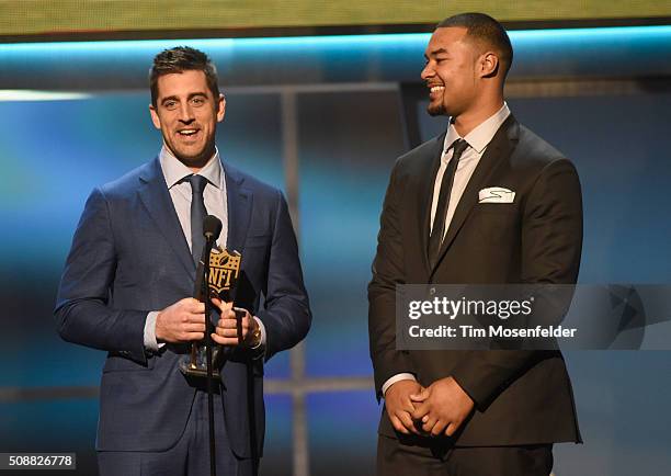 Players Aaron Rodgers and Richard Rodgers accept the Bridgestone performance Play of the Year onstage during the 5th Annual NFL Honors at Bill Graham...