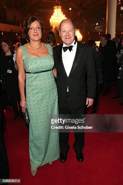 First Mayor Olaf Scholz and his wife Britta Ernst during the Goldene Kamera 2016 reception on February 6, 2016 in Hamburg, Germany.