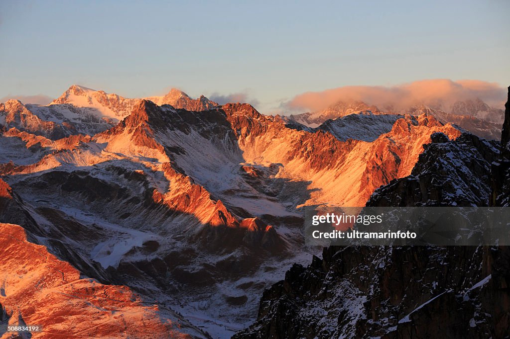 Beautiful sunset High mountain snowy  landscape  sunset  Europe Italian Alps