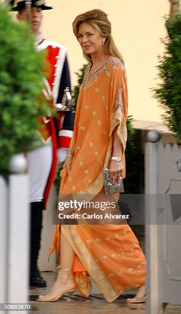 Queen Noor of Jordan arrives to attend a gala dinner at El Pardo Royal Palace on May 21, 2004 in Madrid, Spain. Spanish Crown Prince Felipe de...