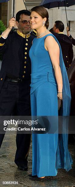 Crown Princess Victoria of Sweden arrives to attend a gala dinner at El Pardo Royal Palace on May 21, 2004 in Madrid, Spain. Spanish Crown Prince...