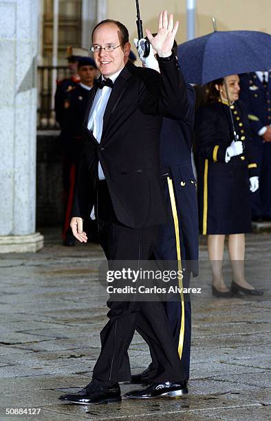 Crown Prince Albert of Monaco arrive to attend a gala dinner at El Pardo Royal Palace on May 21, 2004 in Madrid, Spain. Spanish Crown Prince Felipe...