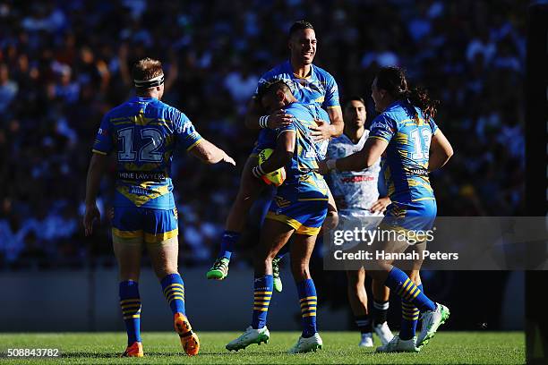 Bevan French of the Parramatta Eels celebrates after scoring a try during the 2016 Auckland Nines grand final match between the Parramatta Eels and...