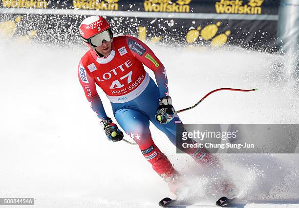 Marco Sullivan of United States reacts during the Men's Super G Finals during the 2016 Audi FIS Ski World Cup at the Jeongseon Alpine Centre on...