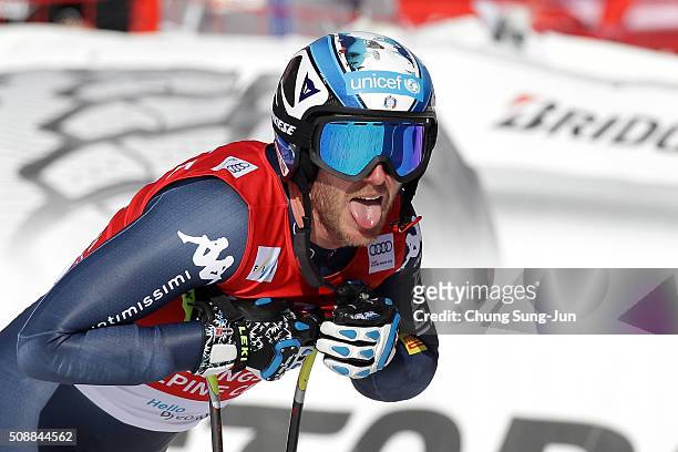 Werner Heel of Italy reacts during the Men's Super G Finals during the 2016 Audi FIS Ski World Cup at the Jeongseon Alpine Centre on February 7, 2016...