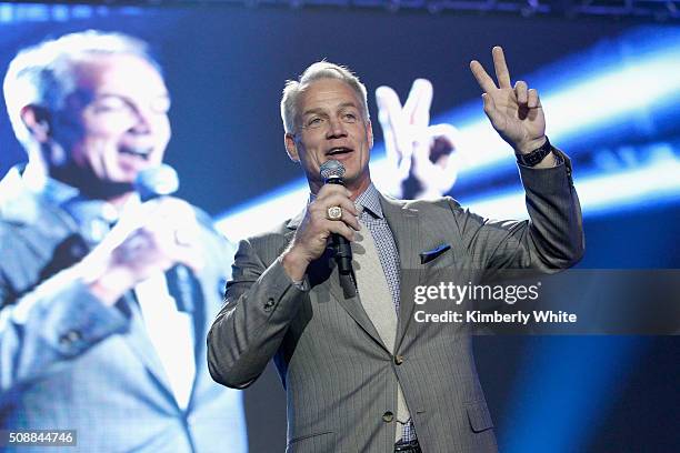 Taste of the NFL Board Member Daryl Johnston speaks onstage during Taste of the NFL 25th anniversary Party With A Purpose at Cow Palace on February...