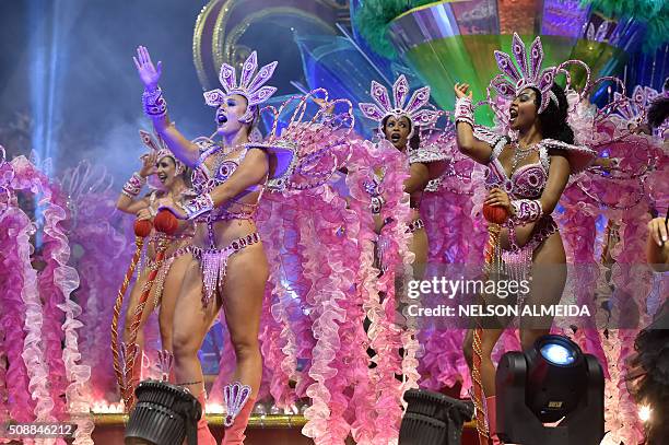 Revelers of the Vai-Vai samba school perform honoring France with their performance "Je suis Vai-Vai. Bem-Vindos a França!" during the second night...