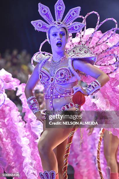 Revelers of the Vai-Vai samba school perform honoring France with their performance "Je suis Vai-Vai. Bem-Vindos a França!" during the second night...