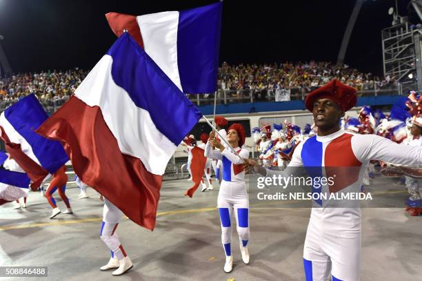 Revelers of the Vai-Vai samba school perform honoring France with their performance "Je suis Vai-Vai. Bem-Vindos a França!" during the second night...