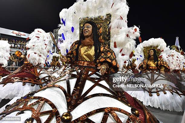 Revelers of the Vai-Vai samba school perform honoring France with their performance "Je suis Vai-Vai. Bem-Vindos a França!" during the second night...