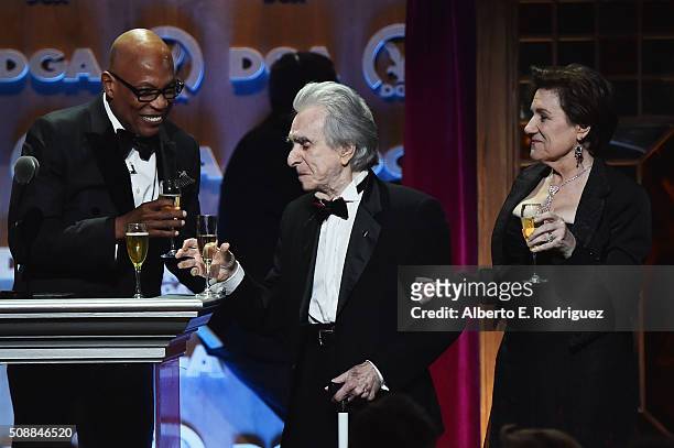 President Paris Barclay, director Arthur Hiller and director Martha Coolidge speak onstage at the 68th Annual Directors Guild Of America Awards at...