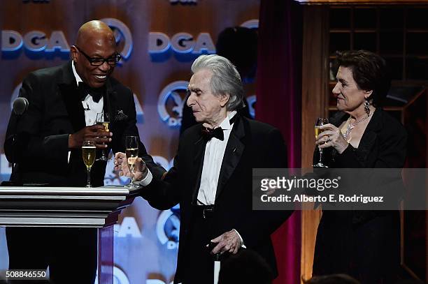 President Paris Barclay, director Arthur Hiller and director Martha Coolidge speak onstage at the 68th Annual Directors Guild Of America Awards at...