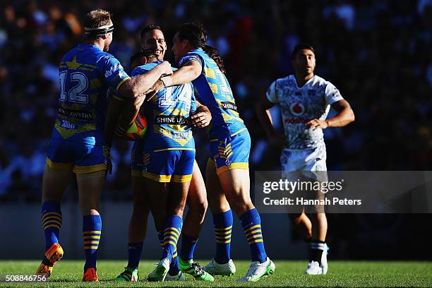 Bevan French of the Parramatta Eels celebrates after scoring a try during the 2016 Auckland Nines grand final match between the Parramatta Eels and...