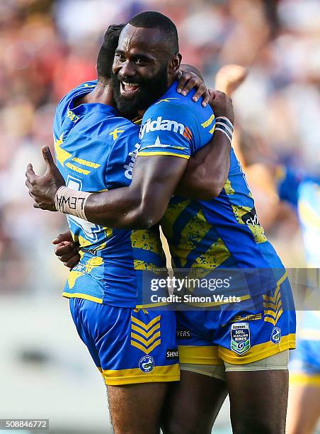 Semi Radradra of the Eels celebrates after winning the 2016 Auckland Nines Grand Final match between the Warriors and the Eels at Eden Park on...