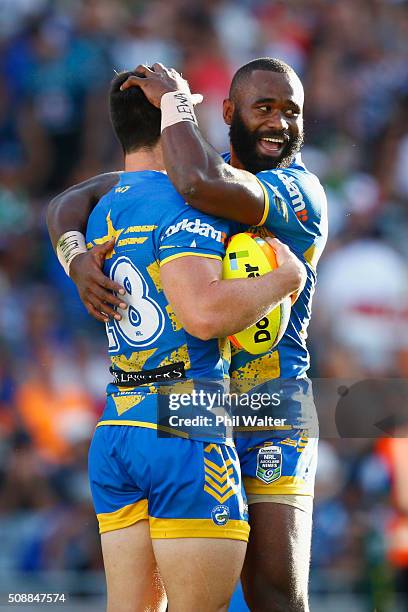 Cody Nelson of the Eels is congratulated on his try by Semi Radradra during the final match between the New Zealand Warriors and the Parramatta Eels...